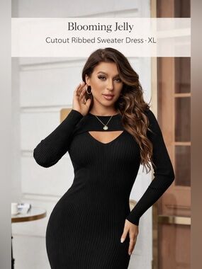 Blooming Jelly Ribbed Cutout Sweater Dress Black XL Bodycon Long Sleeve